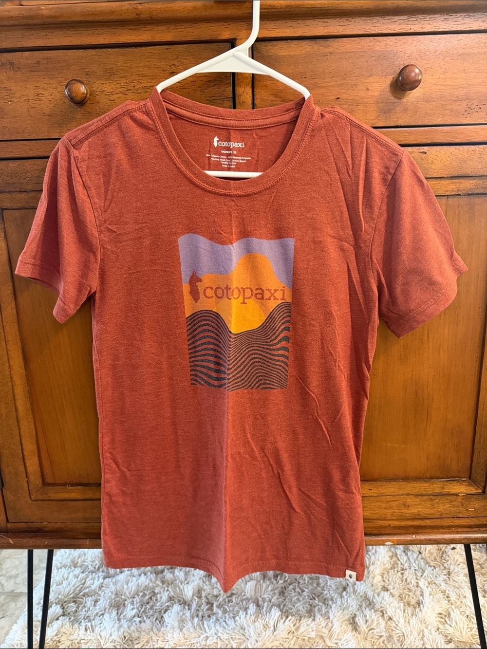 cotopaxi rust orange graphic tee with purple and yellow print